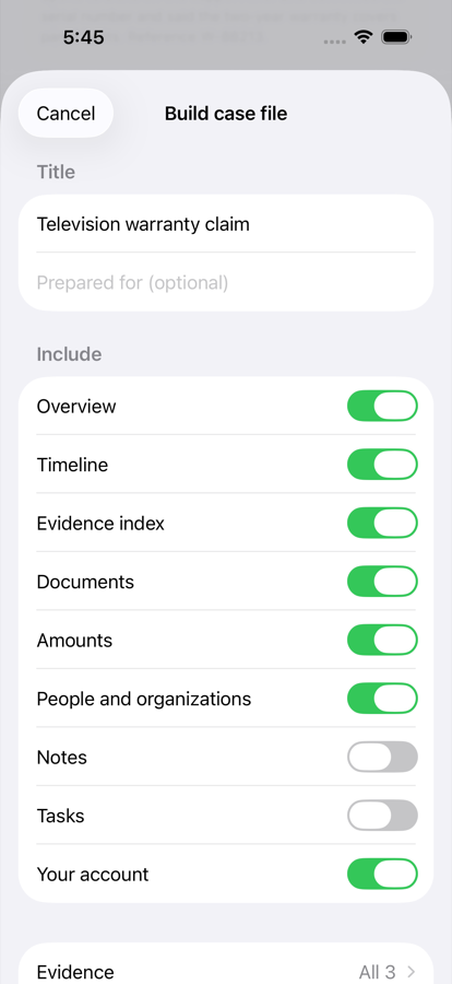 The case file builder, with switches for what the report should include.
