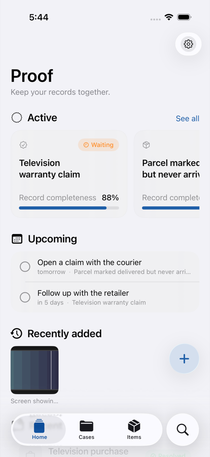 The Proof home screen, showing active cases and upcoming tasks.