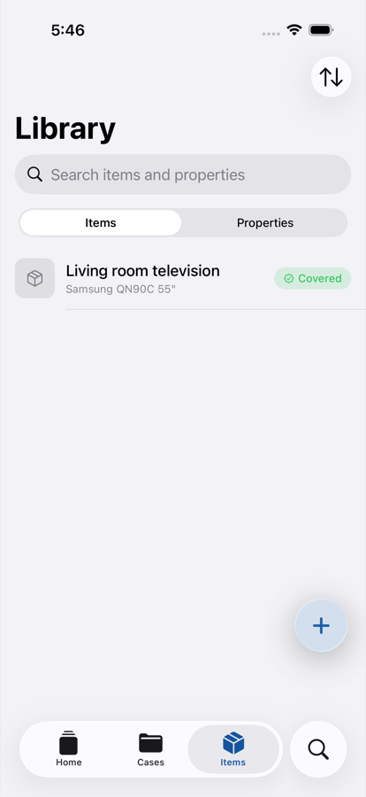 The Proof library, listing items and properties with their warranty status.
