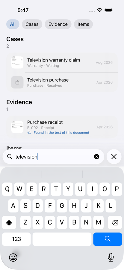 Search results in Proof, showing a match found inside a scanned document.